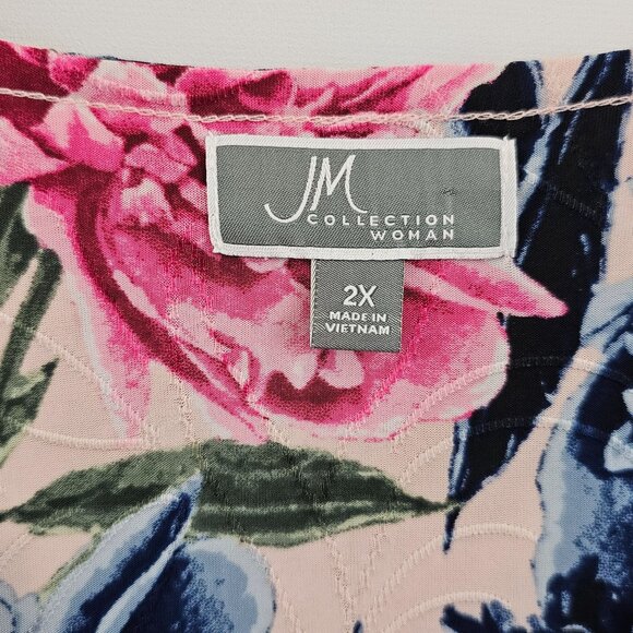 JM Collection Floral Top Woman 2X Short Sleeve Pink Blue Stretch Embellished - Picture 3 of 11